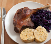 Roasted Goose with White and Red Cabbage and Dumplings